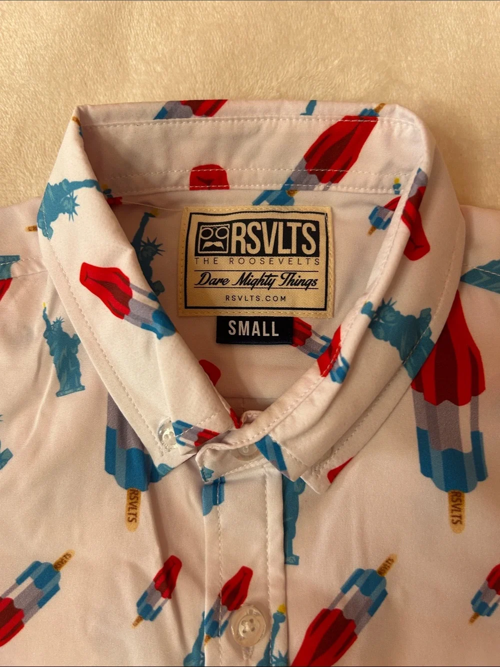 RSVLTS White Short-Sleeve Button-Down with Red & Blue Popsicle and Statue Print